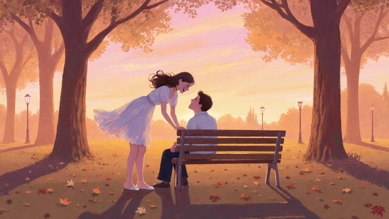 Девушка в парке наклоняется к парню, показывая открытую позу.