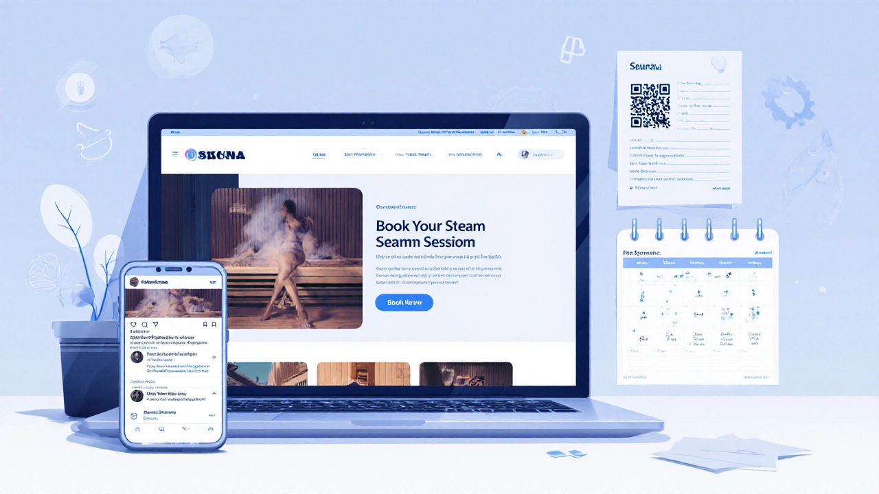 Экран ноутбука с сайтом бани, смартфон с Instagram‑постом, QR‑код и календарь бронирования.