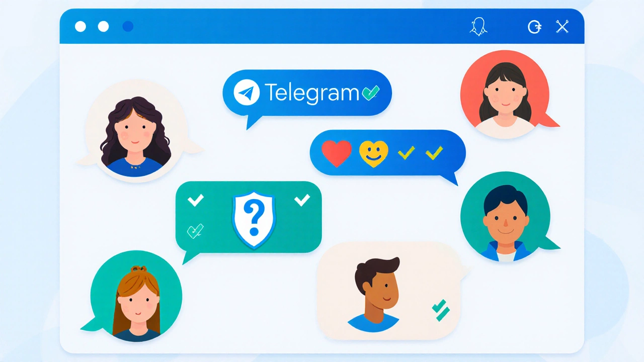 Иллюстрация чата группы Telegram с модератором, аватарами и символами безопасности.