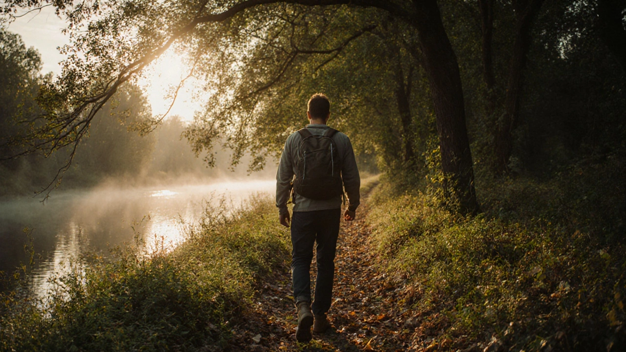Мужчина гуляет по заброшенной тропе в парке у реки Великой в Пскове.