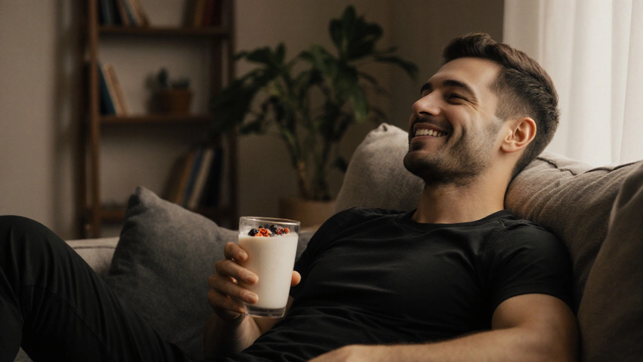 Мужчина в спортивной одежде отдыхает на диване, держа стакан кефира с годжи.