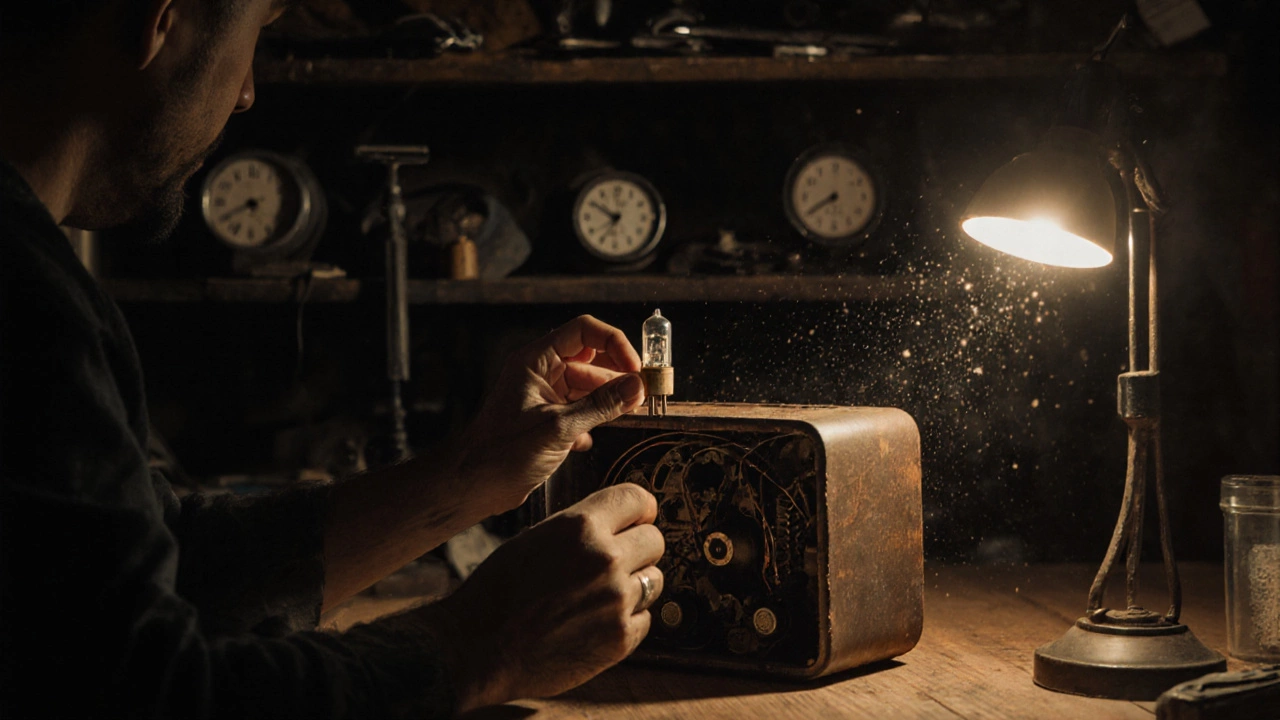 Разобранный старый радиоприемник на столе с видимыми внутренними деталями.