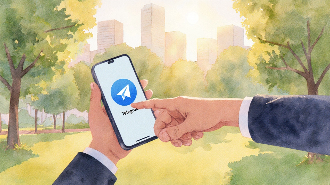 Встретившиеся в парке люди, обменявшиеся контактами через Telegram.