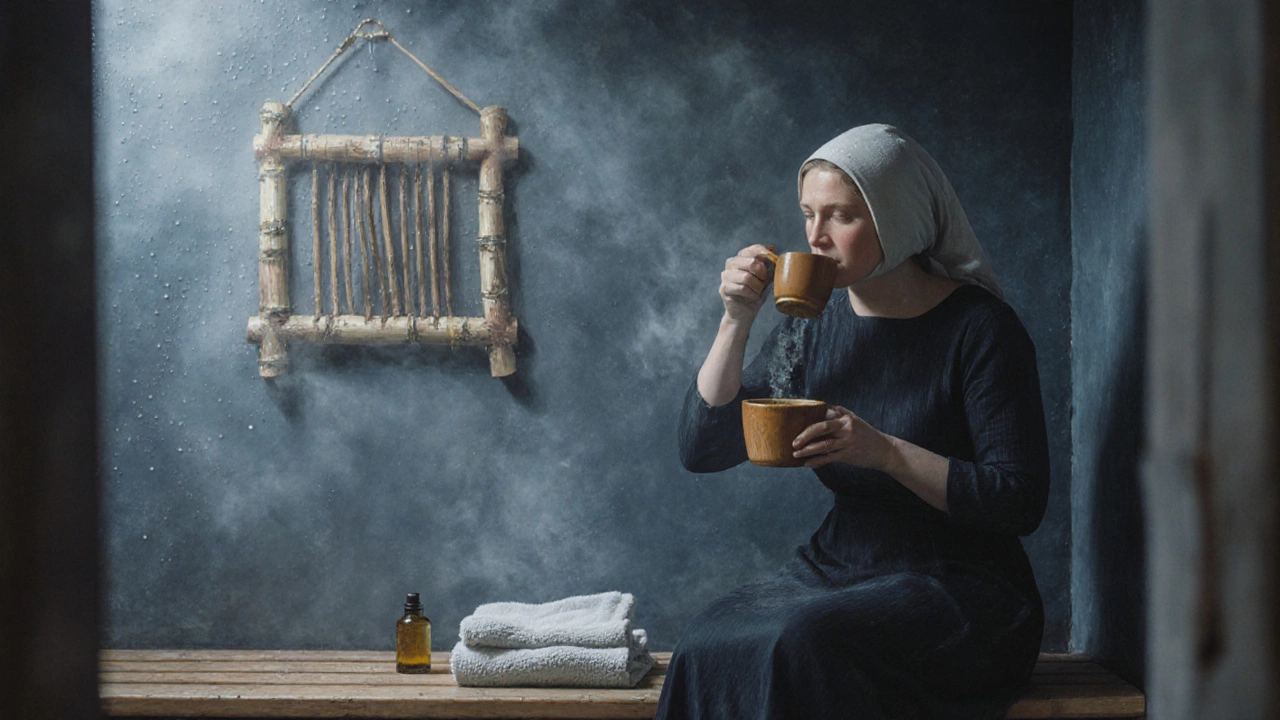 Банщица сидит в тишине после сеанса, пьёт чай, а на стене висит веник.