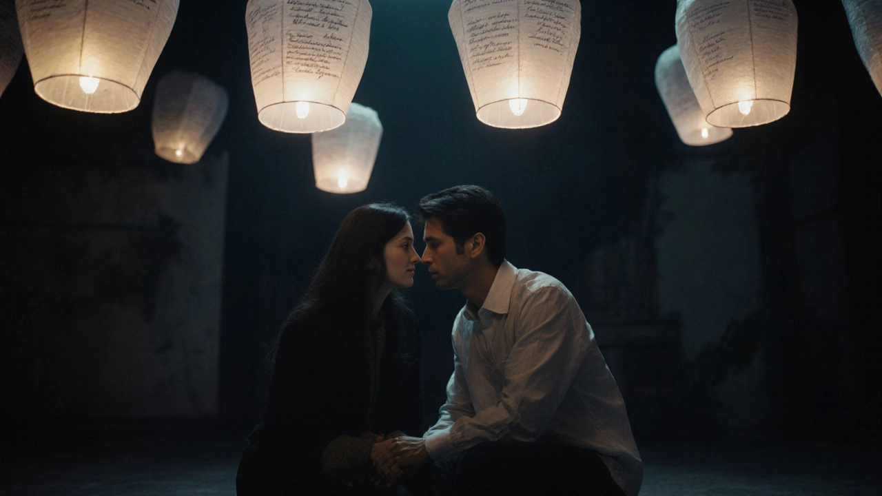 Бумажные фонарики поднимаются в темноте, пара рядом молчит, чувствуя друг друга.