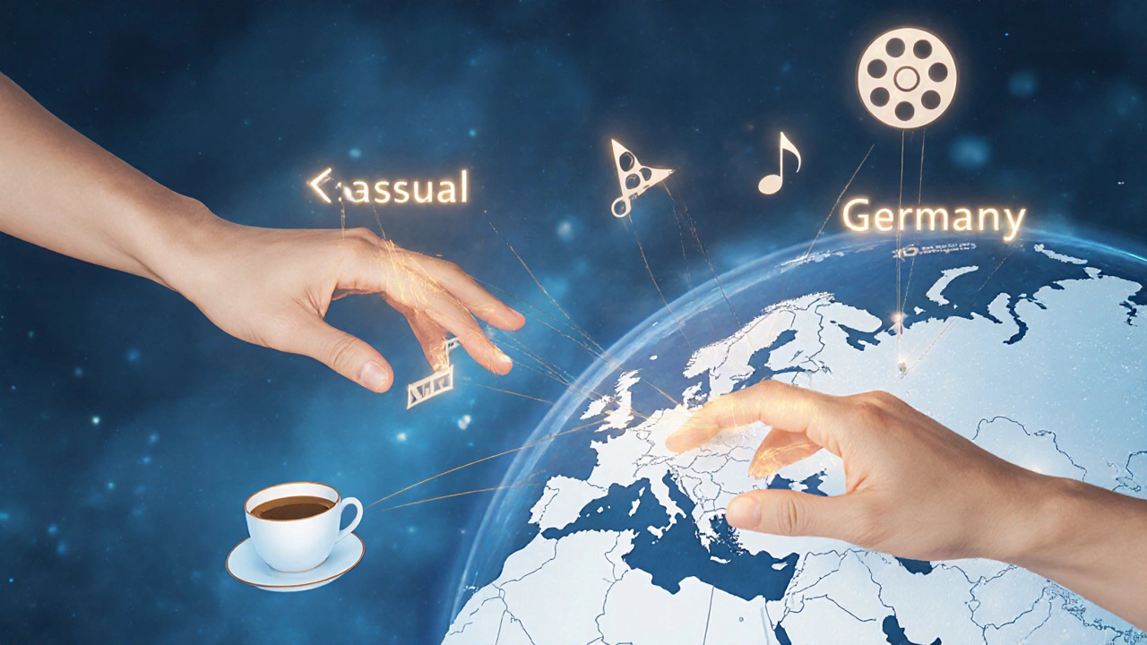 Две руки соединяются через глобус с текстом &#039;casual&#039;, &#039;no strings&#039;, &#039;just chat&#039; в сюрреалистичной композиции.