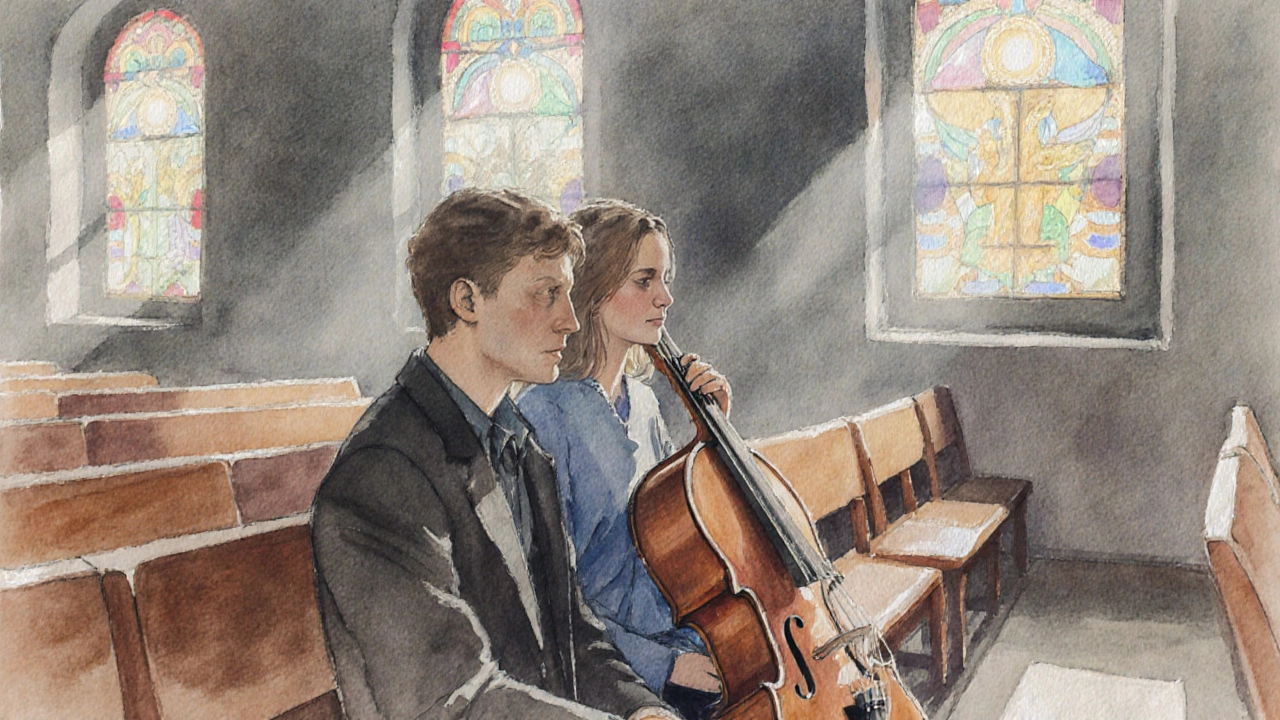 Двое молча слушают музыку в церкви, свет луны падает через витражи.