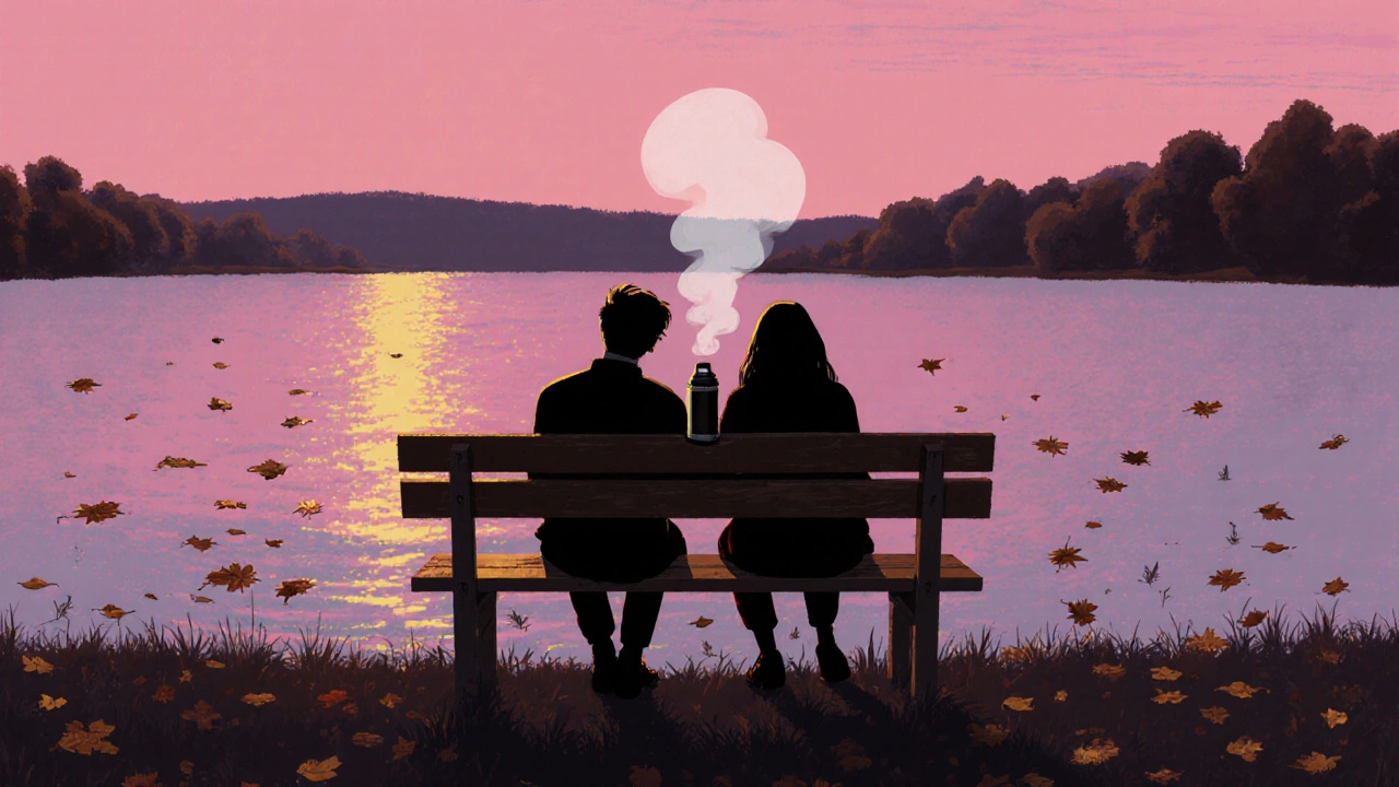 Двое сидят у озера на лавочке, рядом термос с чаем, листья плывут по воде.