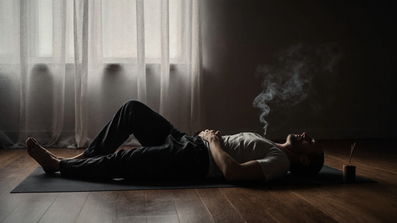 Мужчина лежит в позе мертвого человека во время йоги, полностью расслаблен.