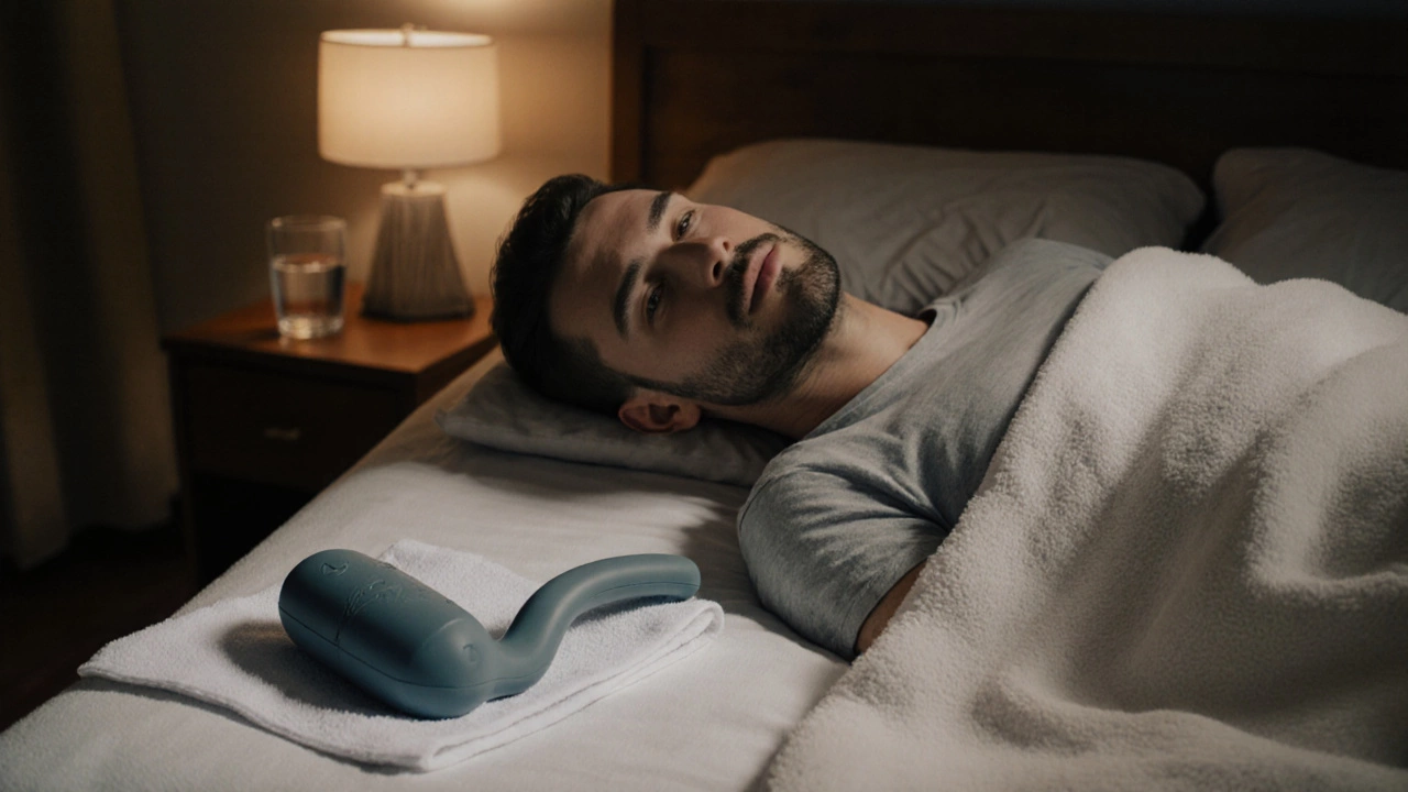 Мужчина отдыхает после процедуры, массажер лежит на полотенце рядом.