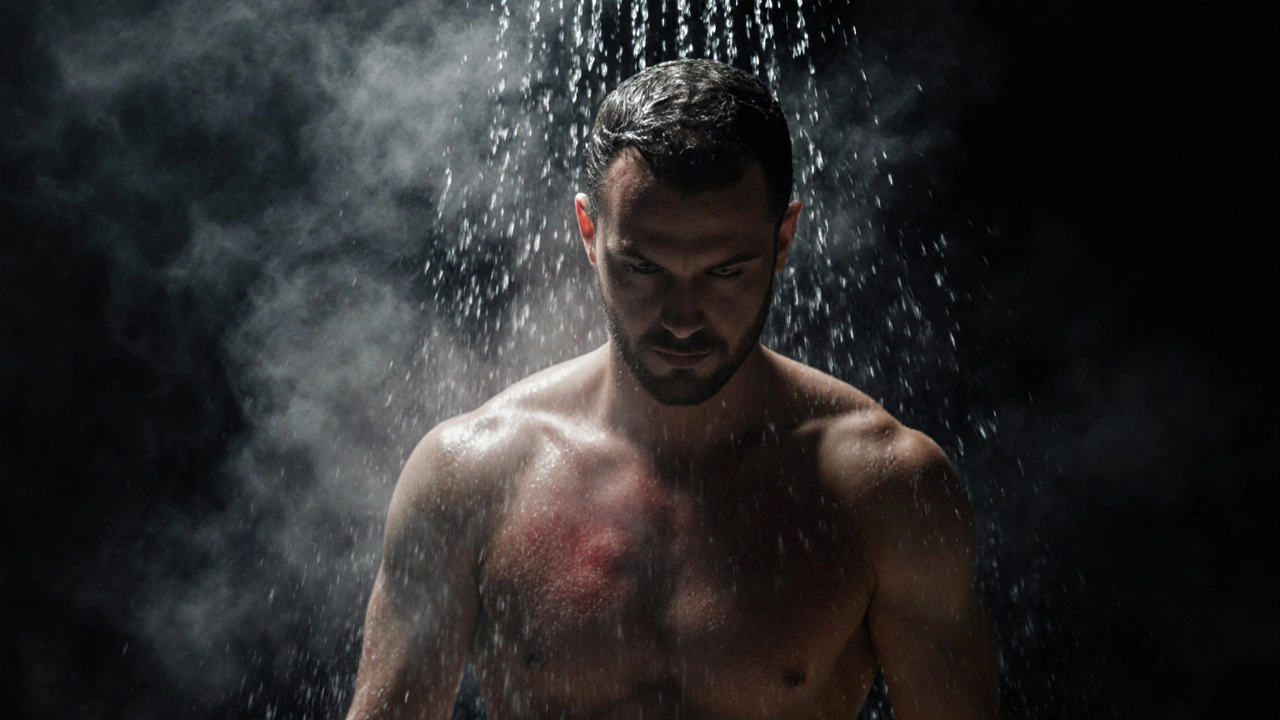 Мужчина переходит из горячей сауны под прохладный душ, пар встречается с водой в облаке пара.