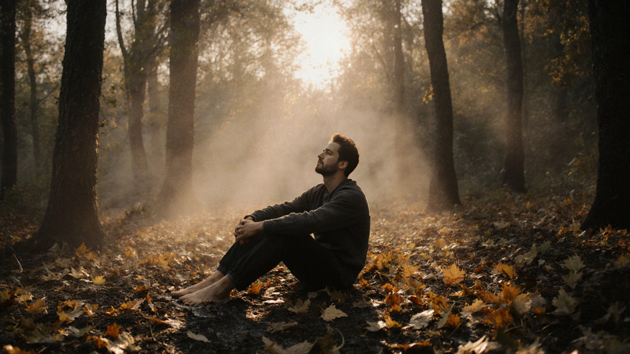 Мужчина в лесу на закате, закрыв глаза, без телефонов и гаджетов