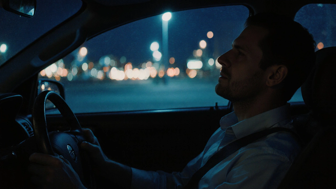 Мужчина в машине после работы мягко снимает стресс через напряжение и расслабление плеч.