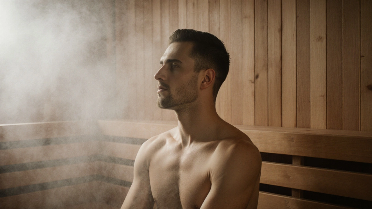 Мужчина в сауне с прямой спиной, глаза закрыты, пар и дерево вокруг, атмосфера спокойствия.