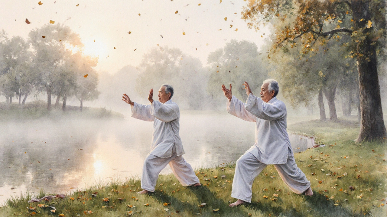 Пожилые мужчины занимаются тай-чи на рассвете в парке у пруда.