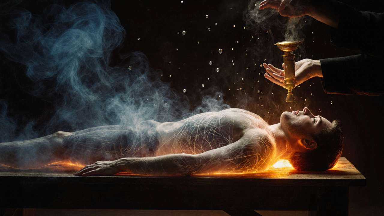 Прозрачное тело мужчины, из которого выходит тёмная энергия под воздействием веника и пара.