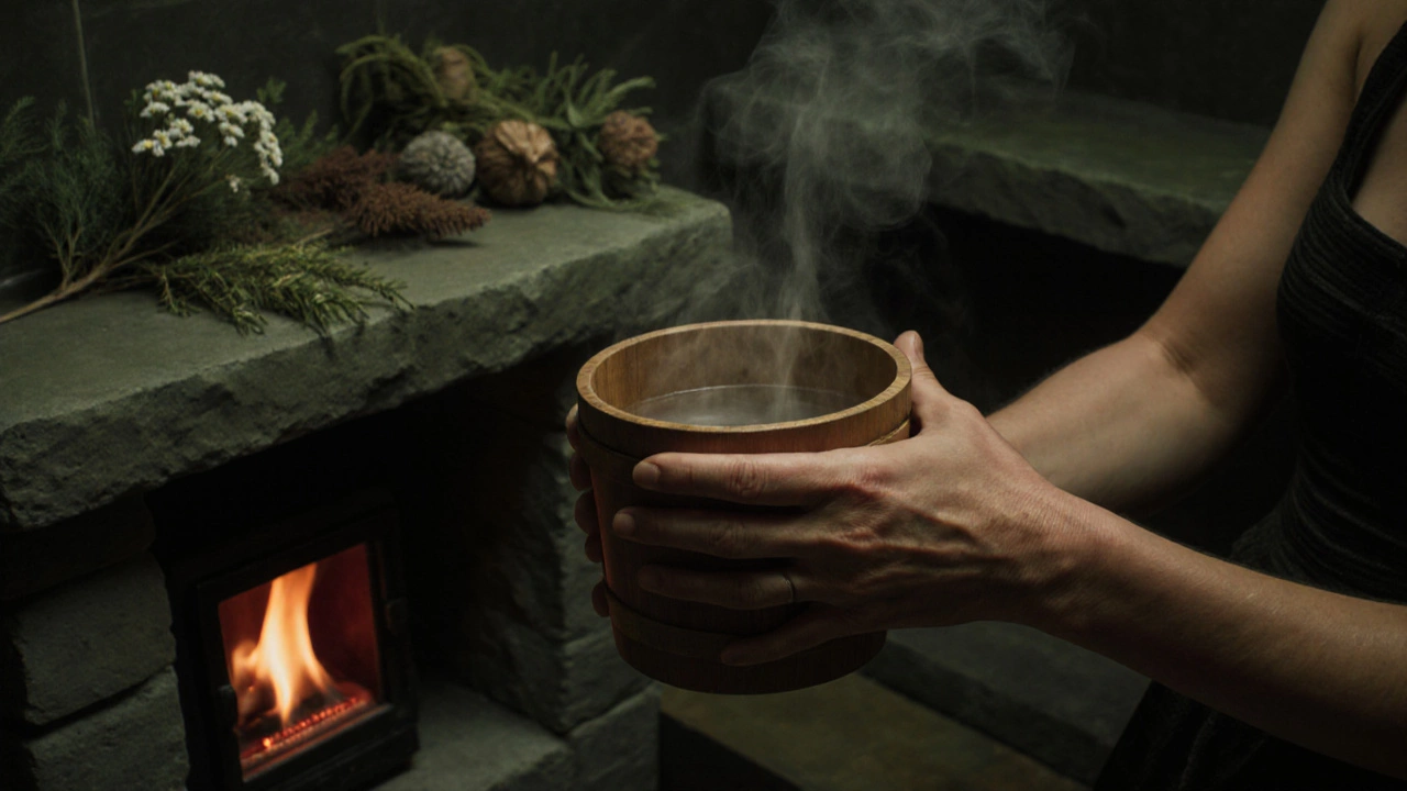 Руки банщицы с деревянным ведром, рядом — сушеные травы и тлеющие камни в парной.