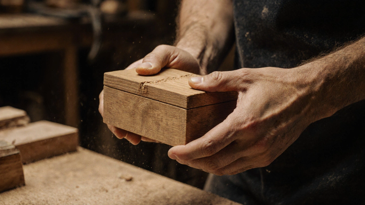 Руки мужчины держат резную деревянную шкатулку, видны следы работы, без татуировок.