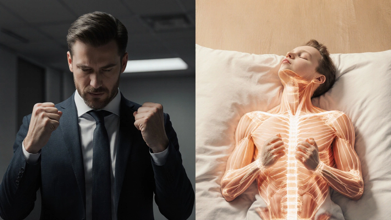 Сравнение напряжённого и расслабленного состояния тела мужчины в двух половинках изображения.