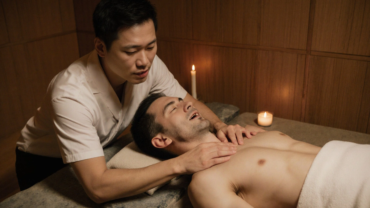 Терапевт использует язык для точечного давления на ключицу клиента в тихой японской спа-обстановке.