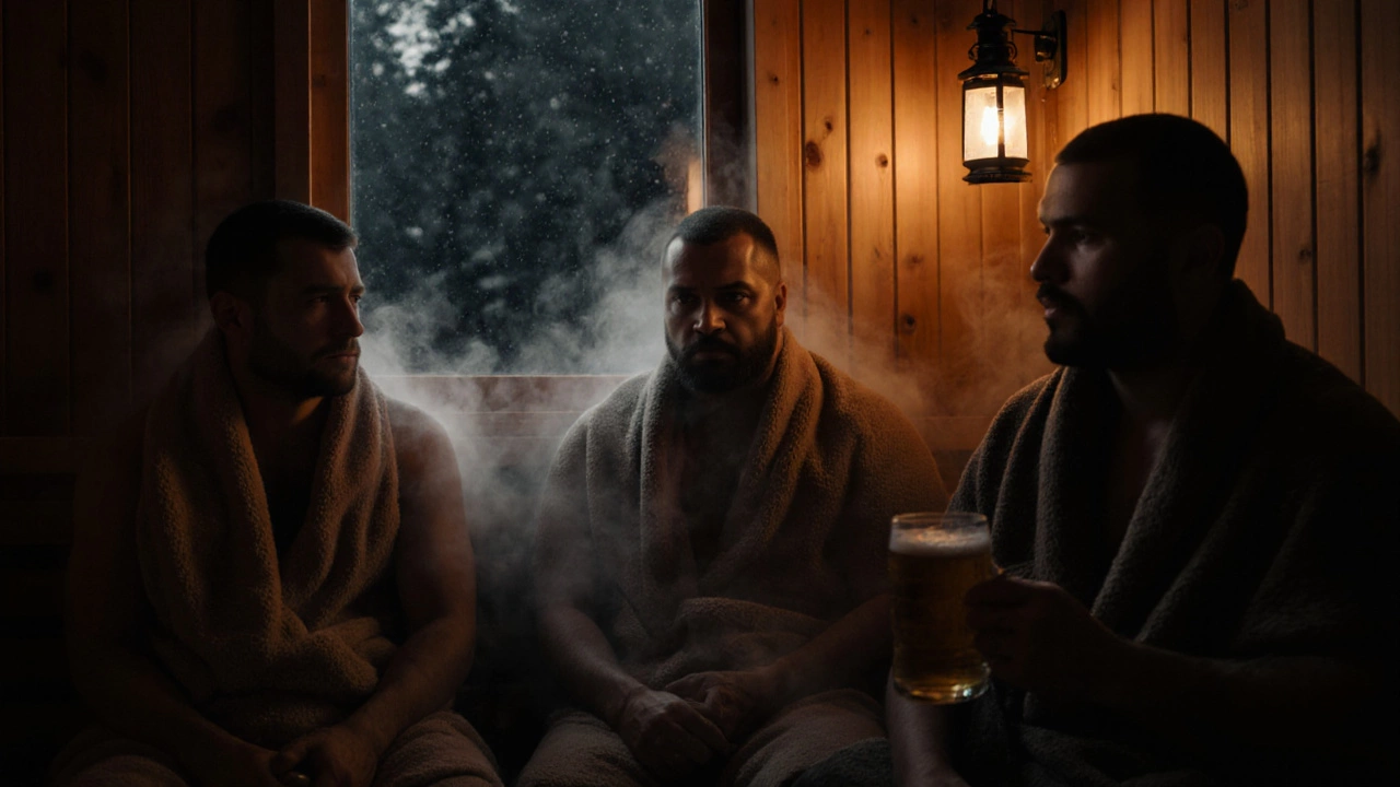 Трое мужчин в бане после работы, пар и тёплый свет, атмосфера доверия.