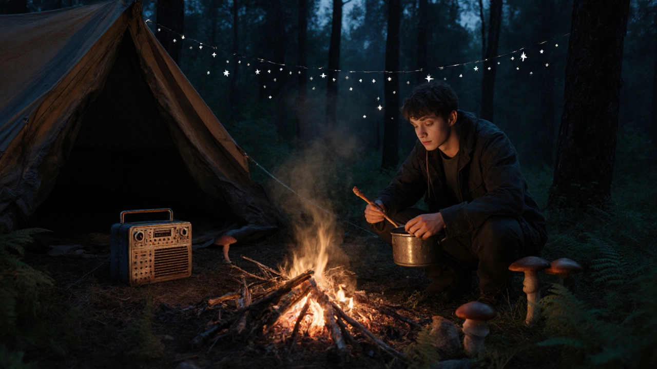Юноша у костра в лесу, рядом — радиоприемник и котелок, звезды над ним в сумерках.