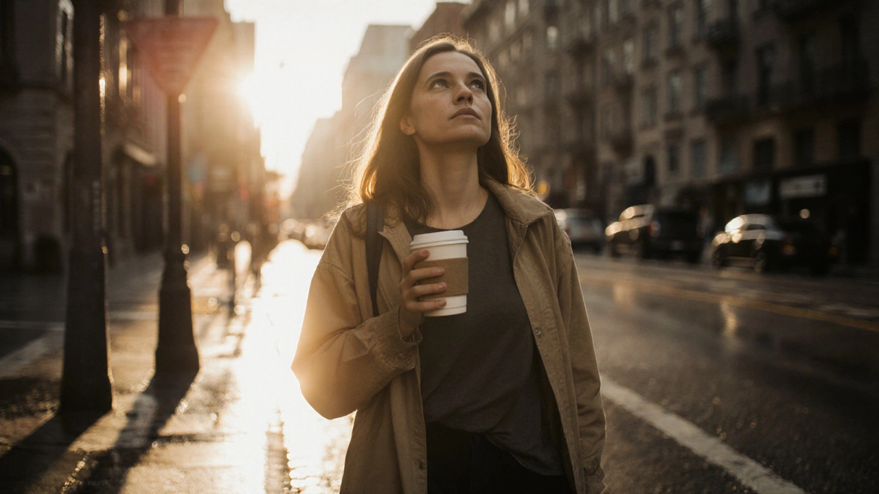 Женщина идёт по улице на рассвете, уверенно и спокойно