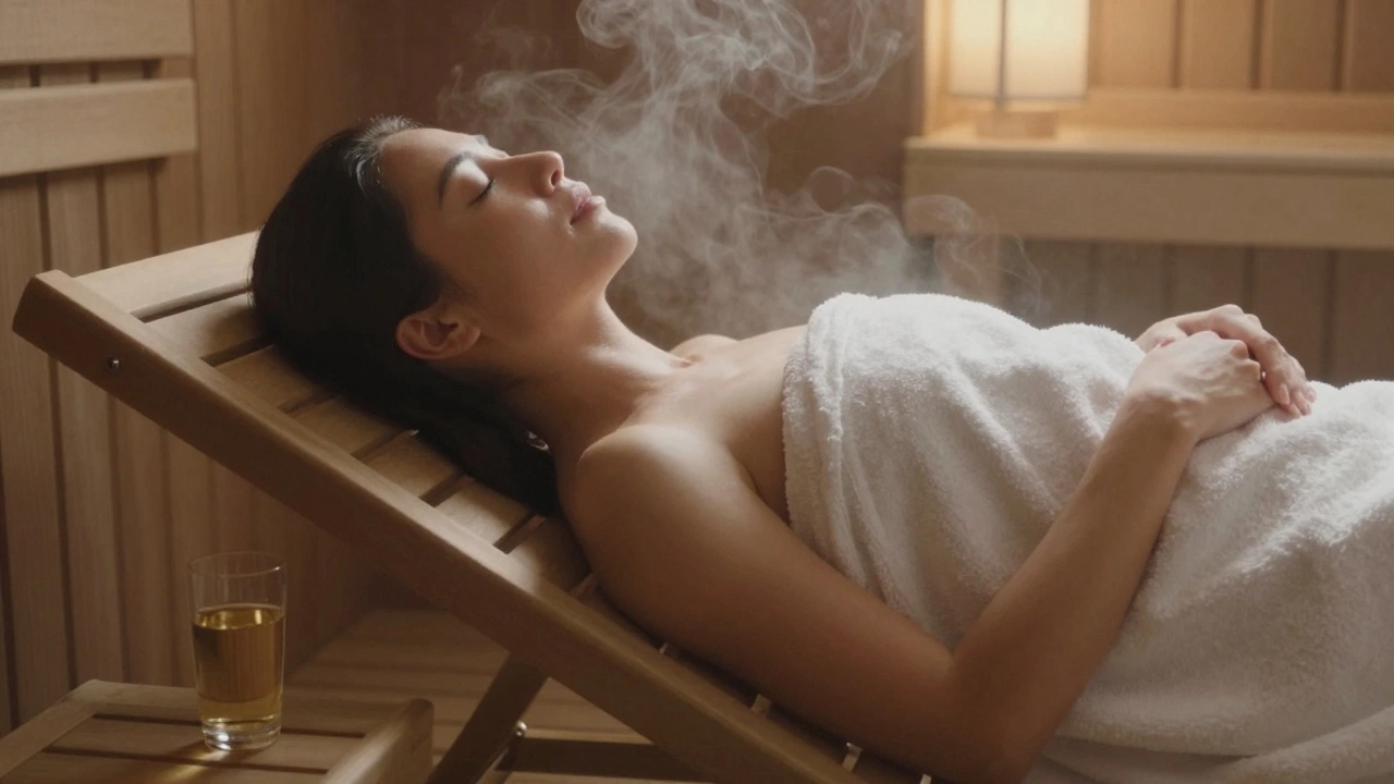 Человек отдыхает после сауны, завёрнутый в полотенце, лежит на лежаке, рядом — стакан тёплой воды.