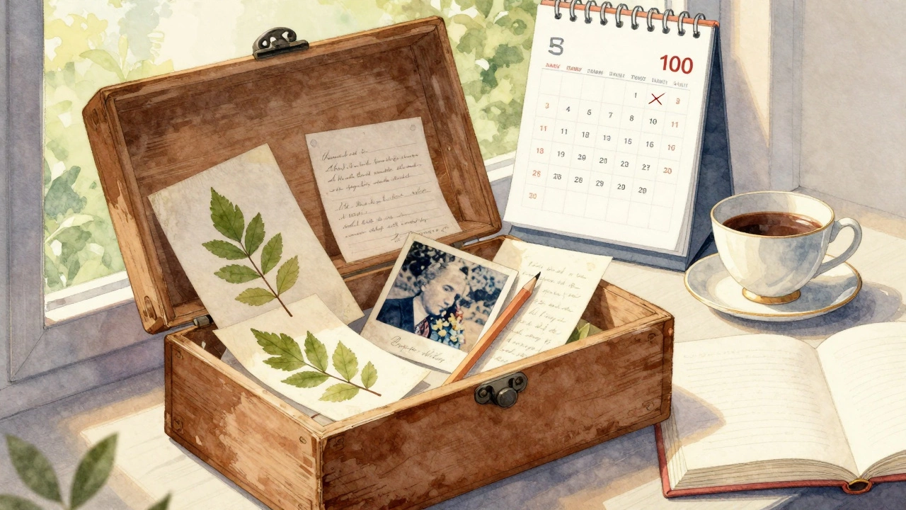 Деревянная коробка с листьями, записками и фотографиями на подоконнике, символ личных воспоминаний.