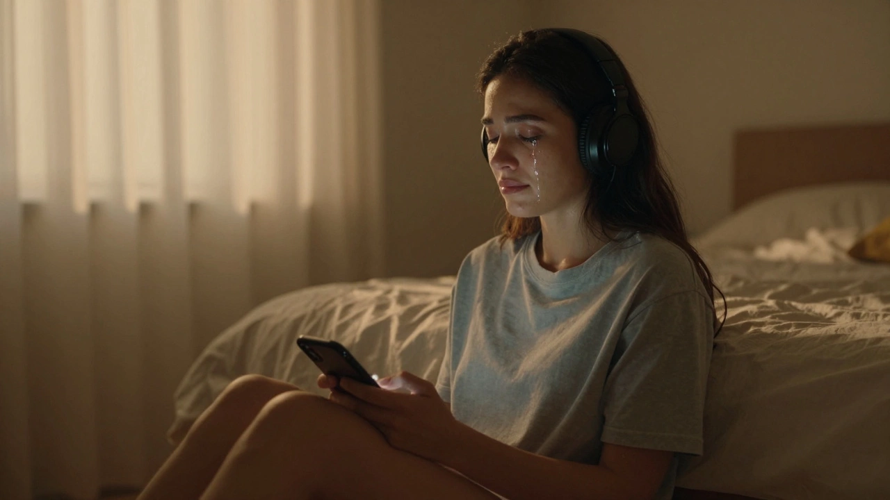 Девушка слушает аудиозапись на наушниках, сидя на кровати, с закрытыми глазами и слезами на щеках в тихой комнате.