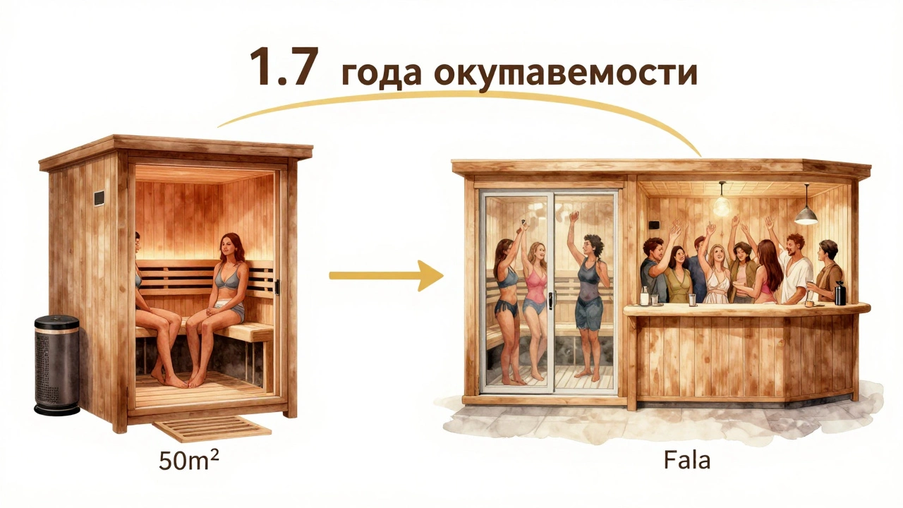 Диаграмма роста сауны: слева маленькая парилка, справа — расширенный спа-центр, соединённые золотой дорогой с надписью &#039;1,7 года окупаемости&#039;.
