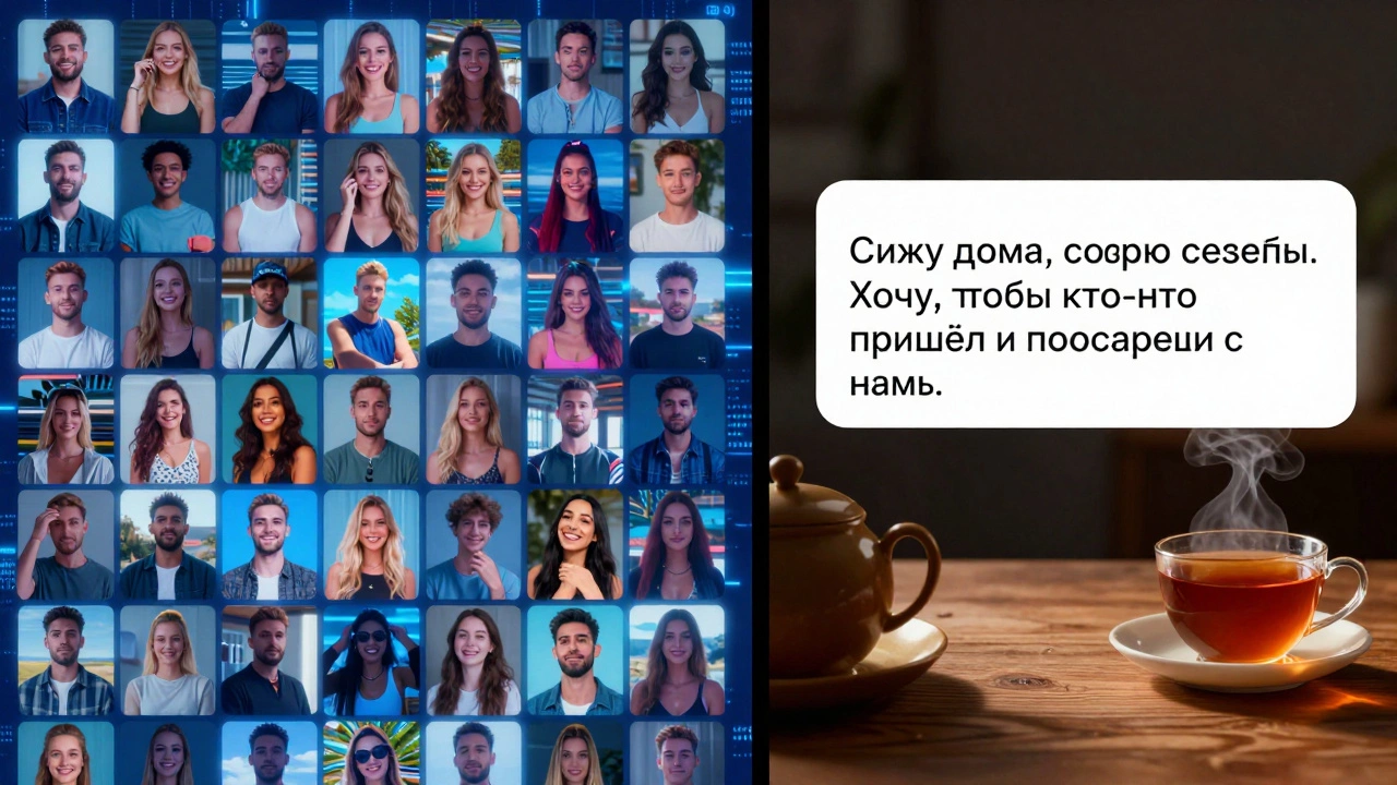Два экрана: слева — хаотичный Tinder с сотнями профилей, справа — простое сообщение в Badoo.