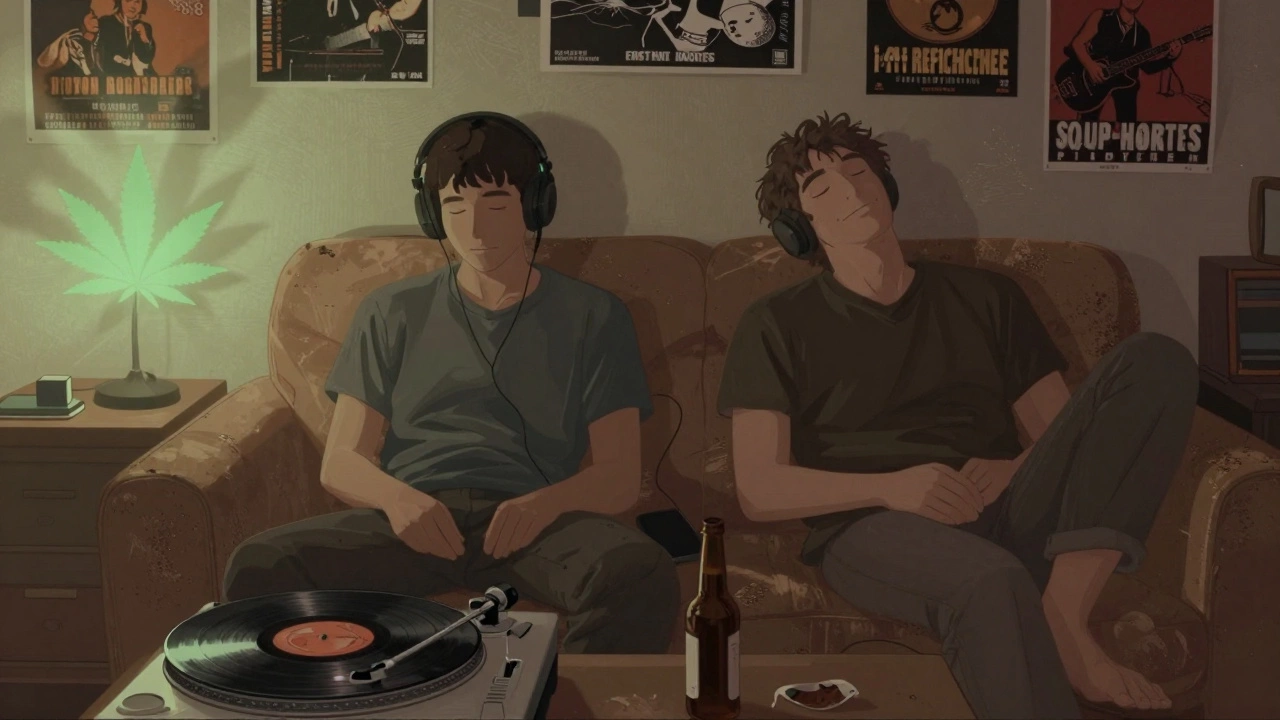 Двое расслабленно сидят в квартире, слушают музыку, атмосфера спокойная и без обязательств.