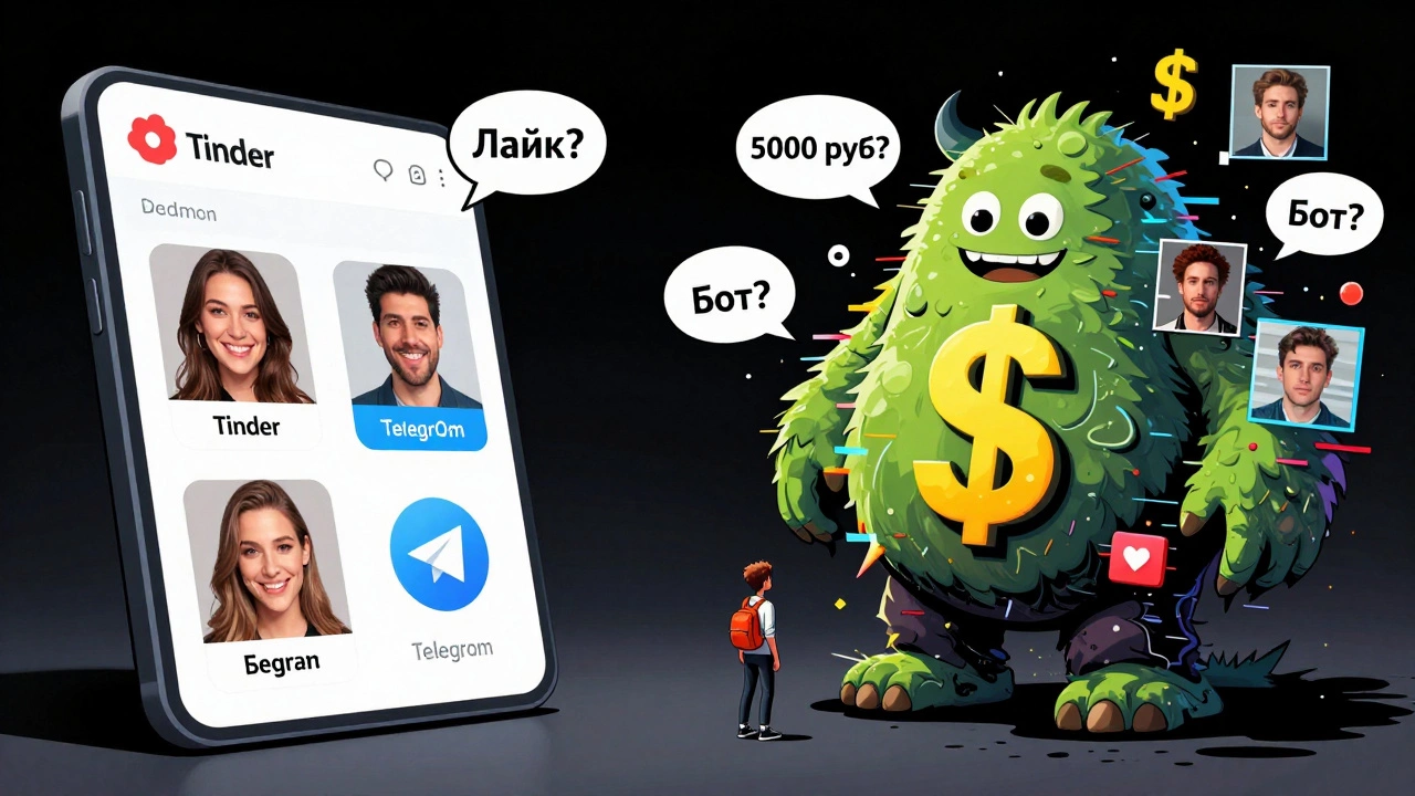 Комикс-стиль: реальные люди против монстра Badoo, сделанного из денег и ботов, в драматичной битве за доверие.