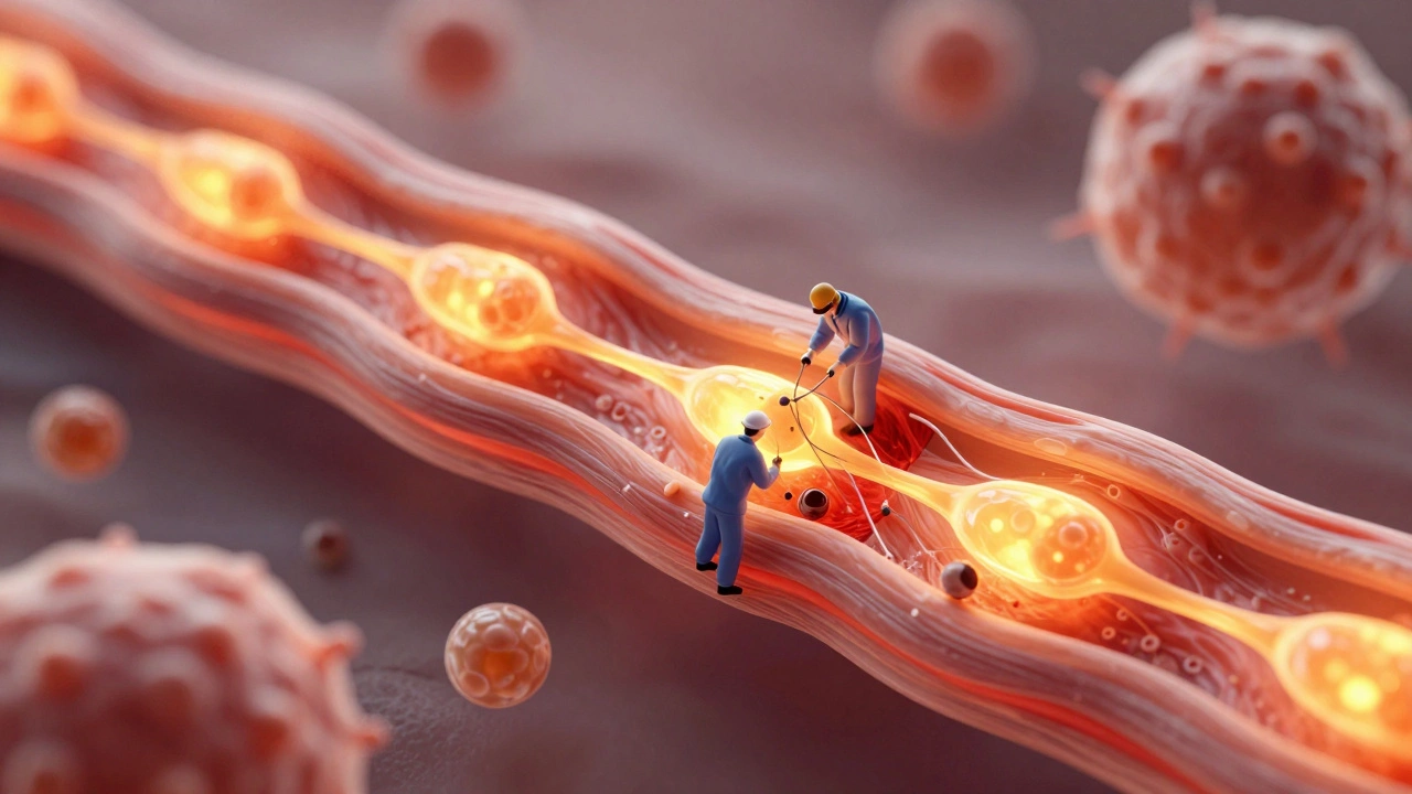 Микроскопическое изображение мышечных волокон, где тепловые шоковые белки ремонтируют микроразрывы под действием тепла.