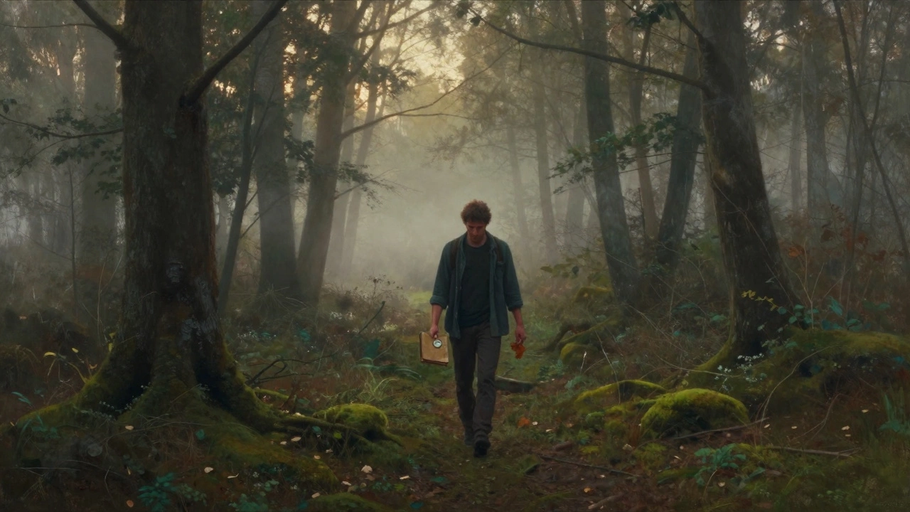 Мужчина гуляет в лесу на рассвете с блокнотом и компасом, окружённый туманом и деревьями.