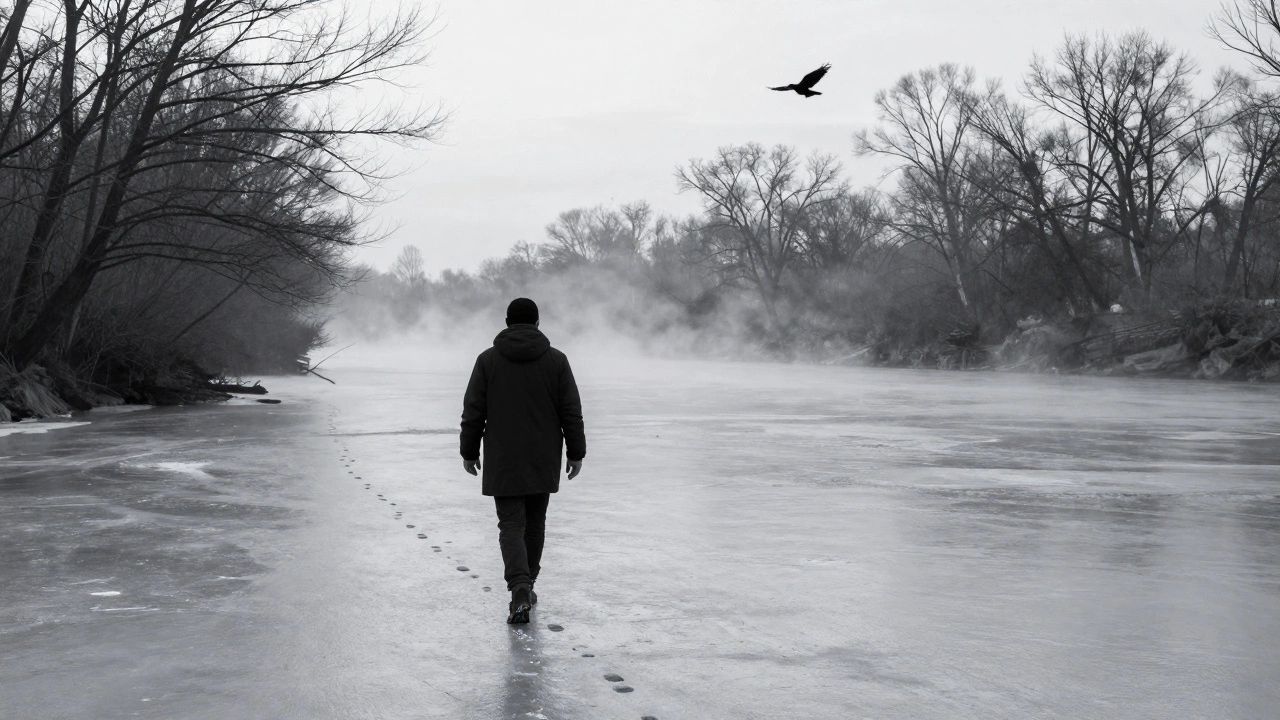 Мужчина идёт один по замёрзшей реке на рассвете, без телефона, туман и голые деревья.