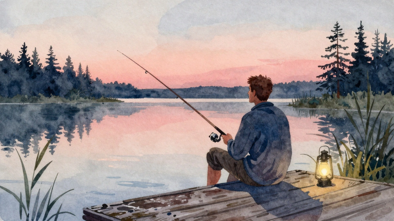 Мужчина с удочкой на причале на закате, тихая вода, одинокий фонарь на берегу.