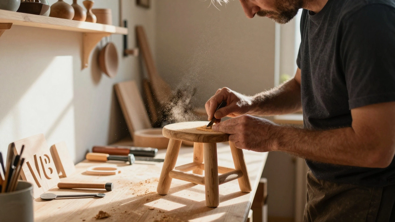 Мужчина в мастерской шлифует деревянную скамейку, опилки в воздухе, инструменты вокруг.
