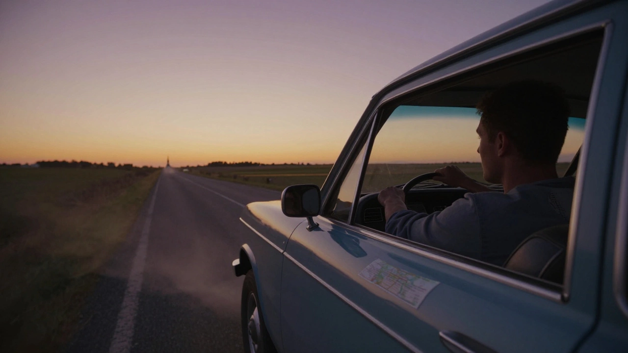 Мужчина за рулем старой машины на сельской дороге на закате, карта на пассажирском сиденье.