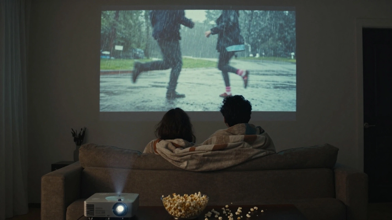 Пара смотрит домашнее кино на стене в полумраке, с попкорном на полу, в тёплых пледах, без надписей на экране.