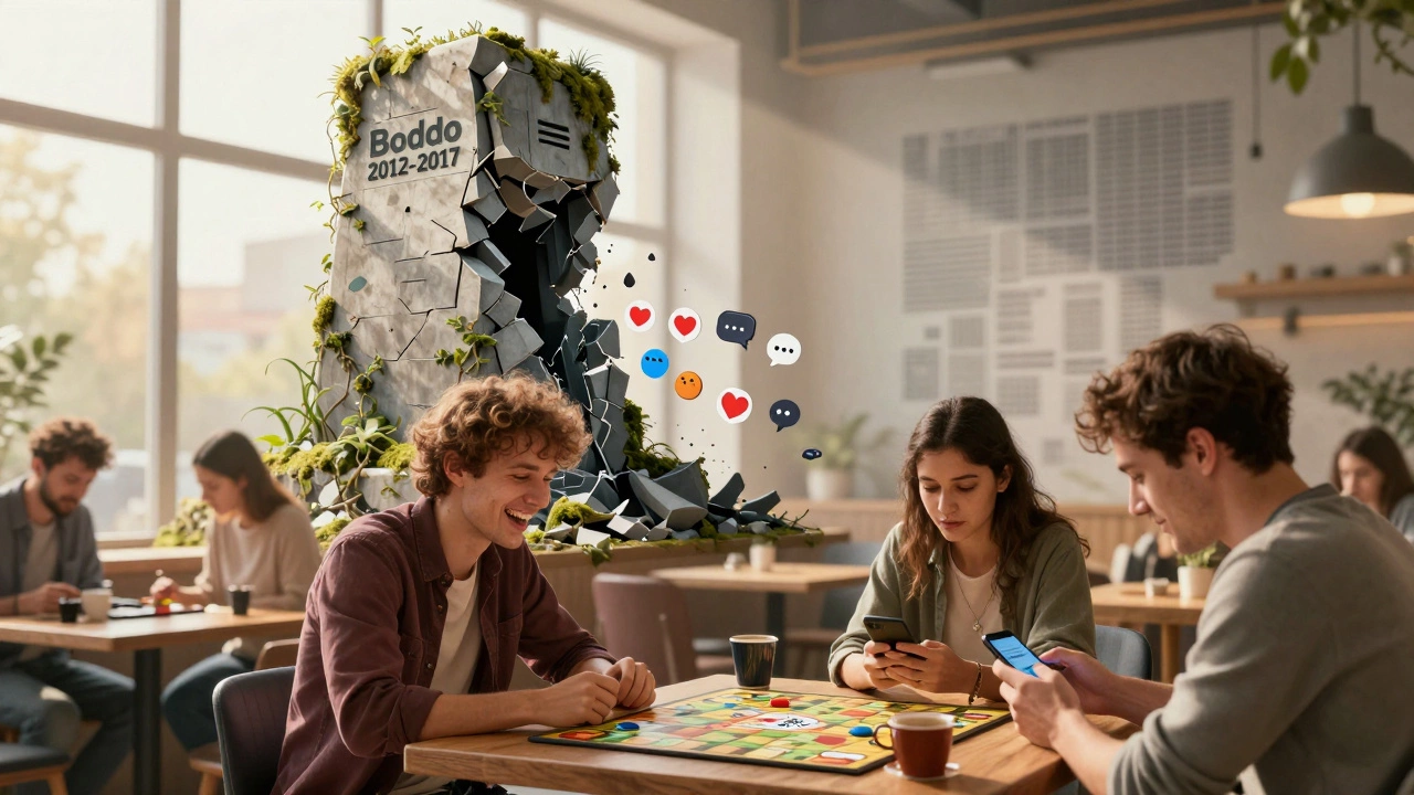 Руины приложения Badoo, покрытые плющом, в то время как люди встречаются в кафе за чашкой кофе и настольной игрой.