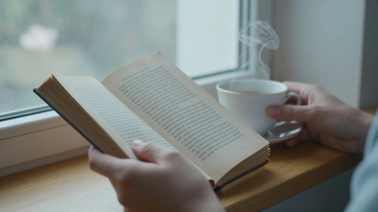 Руки держат книгу и чашку чая у окна, утренний свет ложится на дерево и ткань — момент уединённой рефлексии.