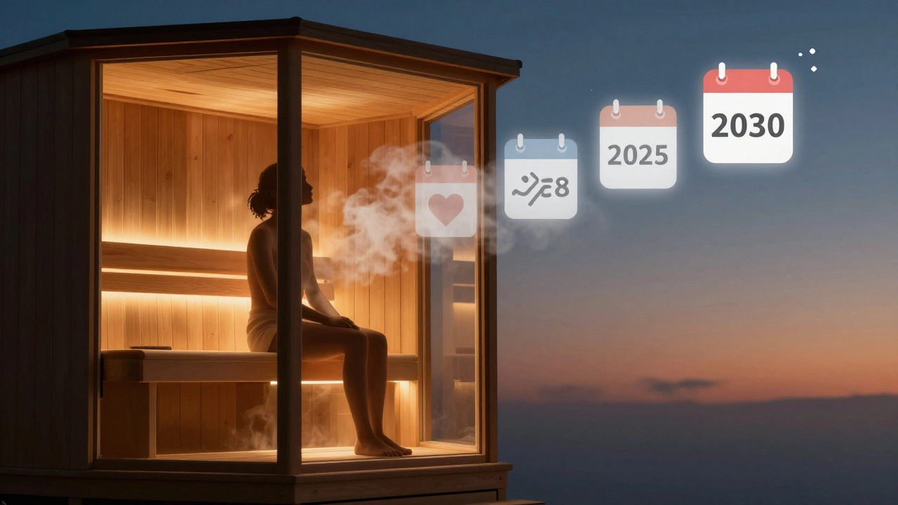 Силуэт человека в сауне на закате, пар поднимается к небу, символы здоровья и времени вокруг.