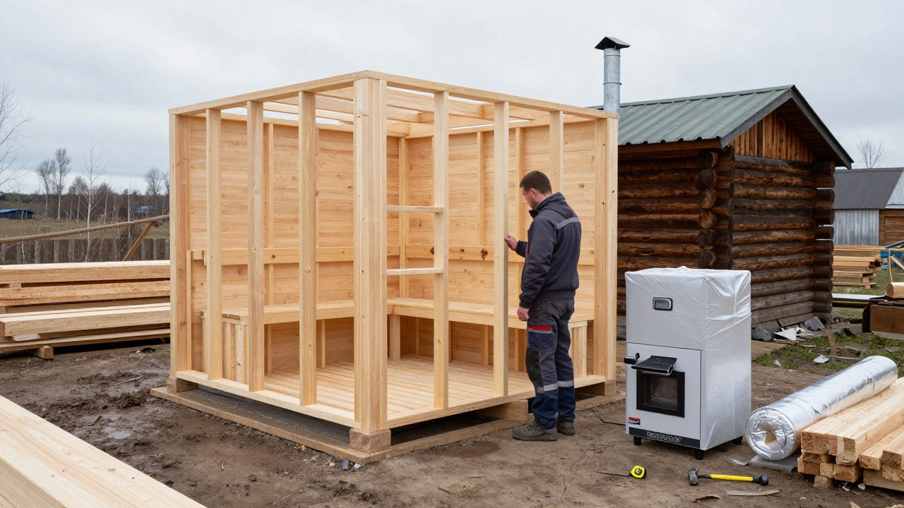 Строительство сауны своими руками: мужчина рядом с бревнами, печью и изоляцией на стройплощадке в Псковской области.