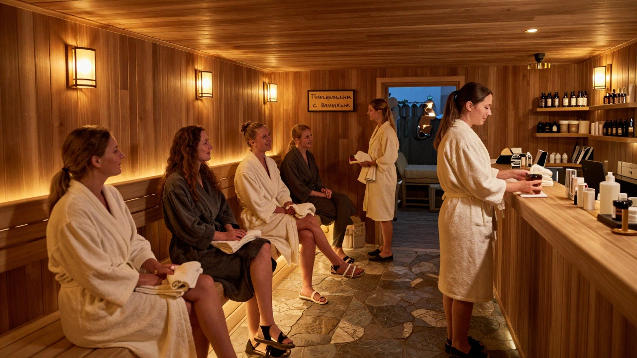 Вечером в сауне: клиенты в халатах ждут входа, персонал раздаёт полотенца и чай, тёплый свет, деревянный интерьер, без надписей.