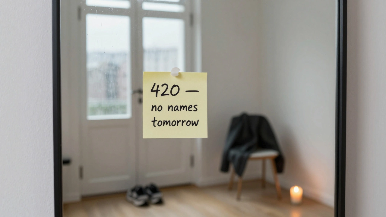 Записка на зеркале с надписью '420 — без имён завтра', рядом — обувь и свеча.