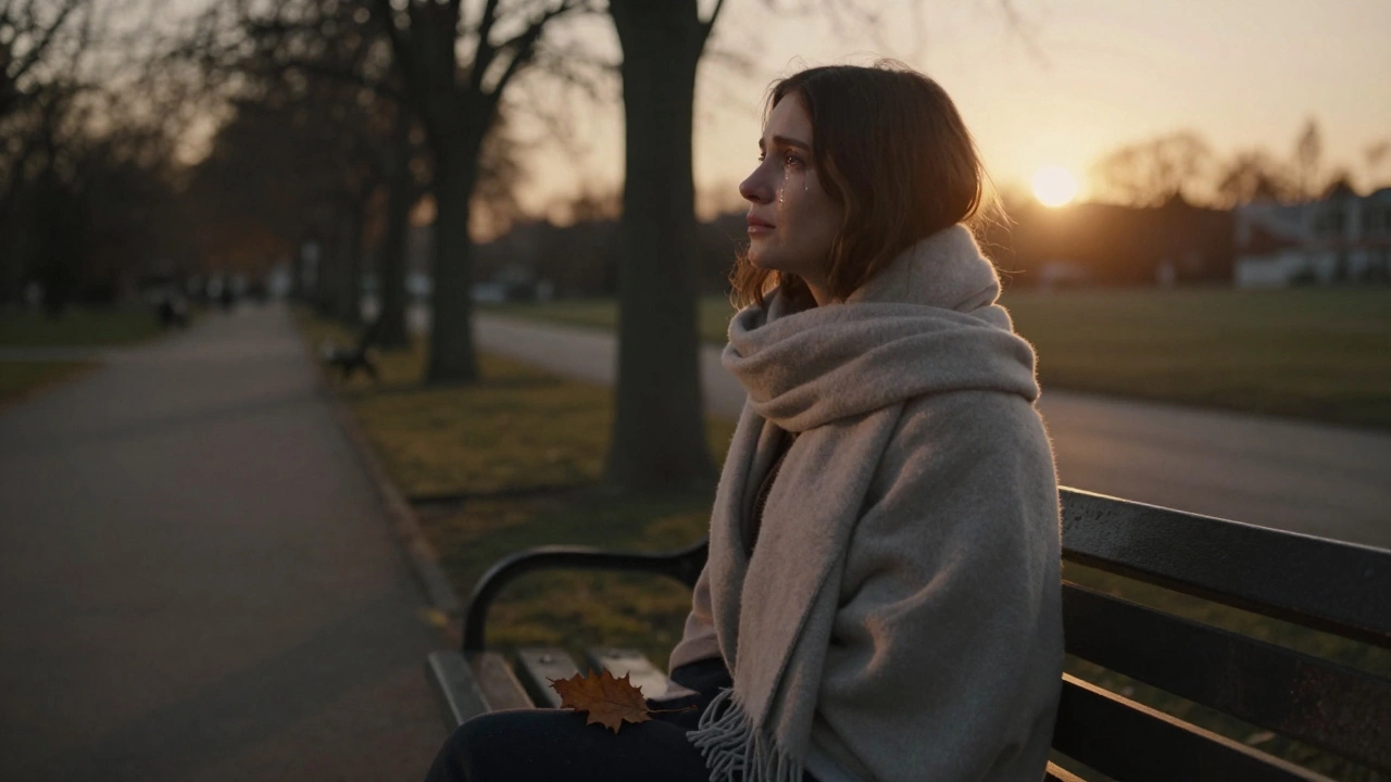 Женщина на скамейке в парке смотрит на закат, слёзы на щеках, вокруг — золотой свет и тишина.