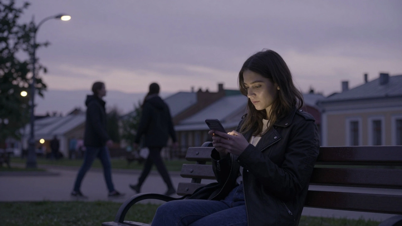 Женщина на скамейке в тёмном парке с телефоном, показывающим простое сообщение о встрече.