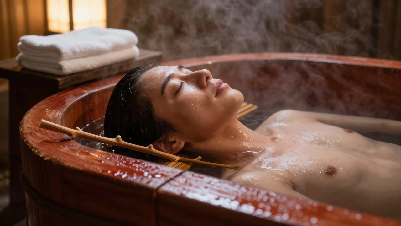Человек лежит в тёплой деревянной ванне после холодного душа, пар поднимается вокруг.